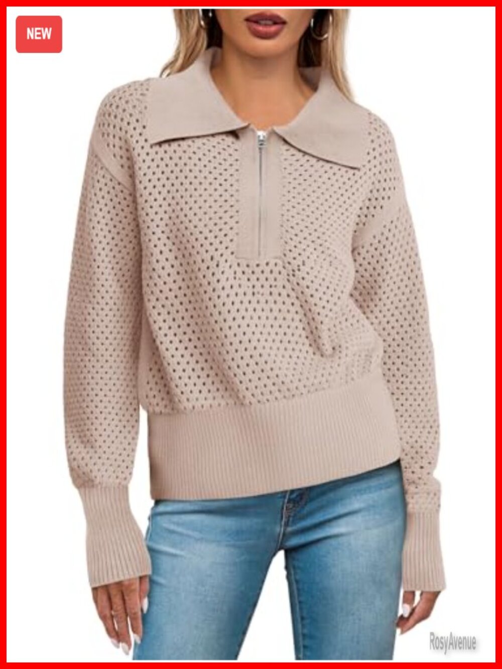 Womens Crochet Knit Half Zip Pullover Sweater Long Sleeve V Neck Top
